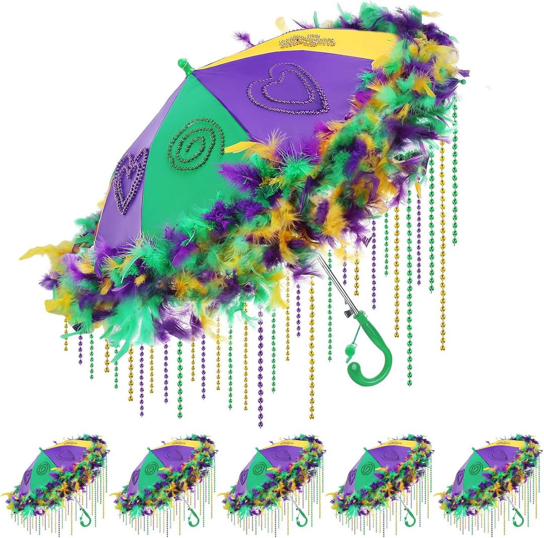 Riceshoot 5 Sets Mardi Gras Umbrellas Second Line Parasol Bulk with 50 Purple Green Gold Beads Necklaces Mardi Gras Feather Boas for Women Masquerade Costume Carnival Party Supplies