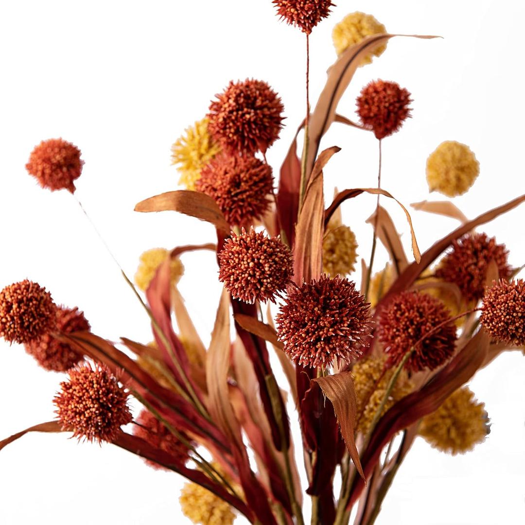 Handmade Artificial Flowers, Thistle Globe Echinops Bouquet, Fake Plant Greenery Bush, for DIY Decorations, 2 of Pack (Brown)