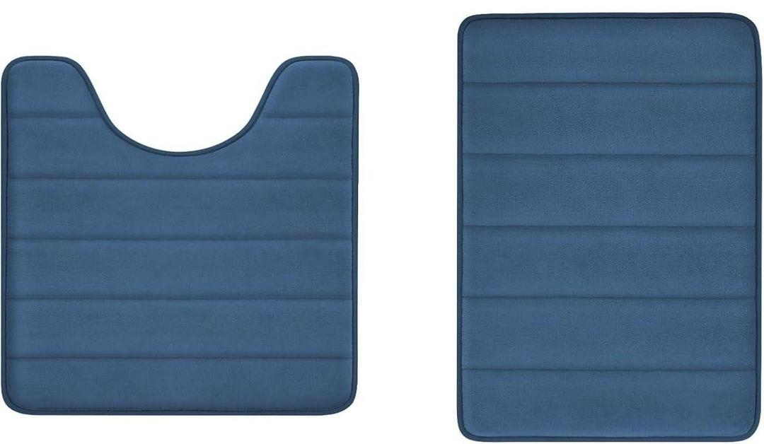 Memory Foam Bath Rug Set 2 Piece Non-Slip Mats,Absorbent Shaggy Super Soft U-Shaped Toilet Rug,Bathroom Carpets for Tub,Shower,Blue