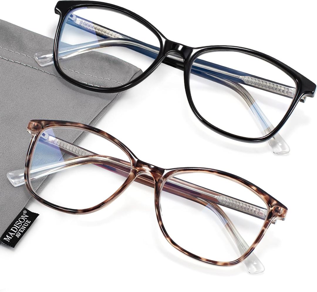 Madison Avenue Square Vintage TR90 Blue Light Blocking Reading Glasses for Women, Anti Eyestrain/Glare Computer Readers (Black/Tortoise)