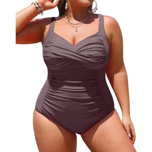 Yonique Women Plus Size One Piece Swimsuits Tummy Control Bathing Suits Twist Front Ruched Swimwear (Coffee Brown)