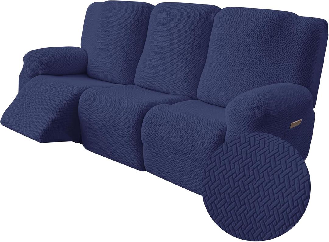Genina Recliner Sofa Covers - Stretch Reclining Couch Covers with Stripe Jacquard - 3 Seat Cushion Slipcovers with Soft Fabric - Furniture Protector for Pet Kid (Navy Blue) (72-111 in 3 Seater)