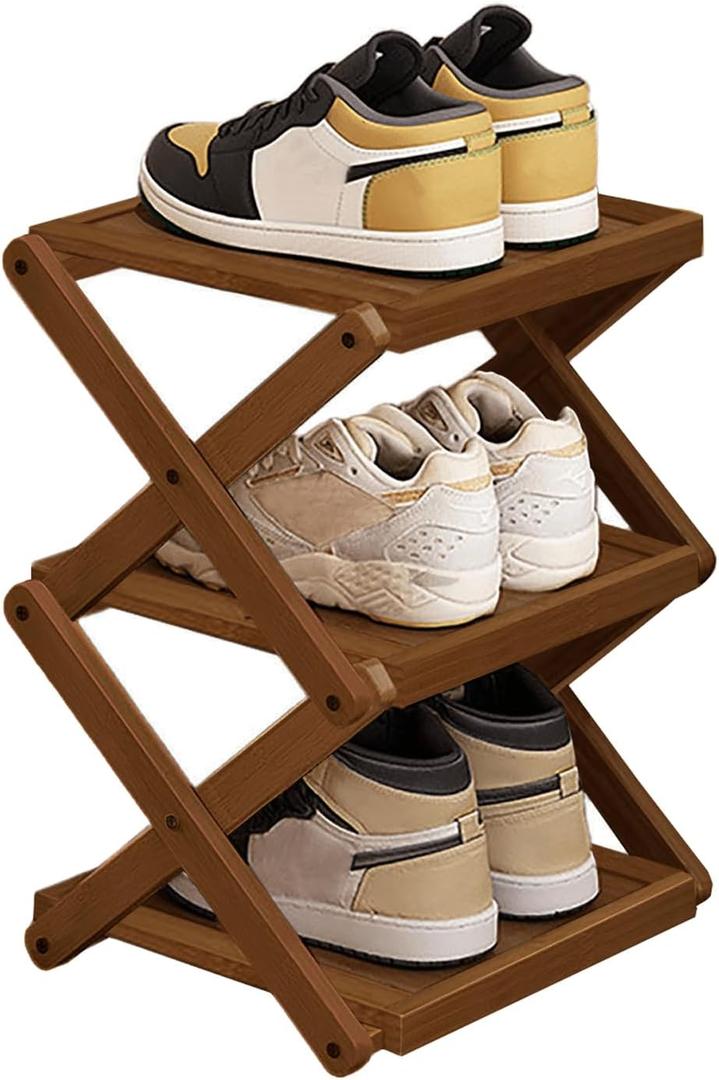 3 Tier Foldable Shoe Rack, Natural Bamboo Space Saving Shoe Storage Organizer,Easy Assembly & Strong Design Shoes Stand Shelf Organiser for Closet(Brown, Three Layers)