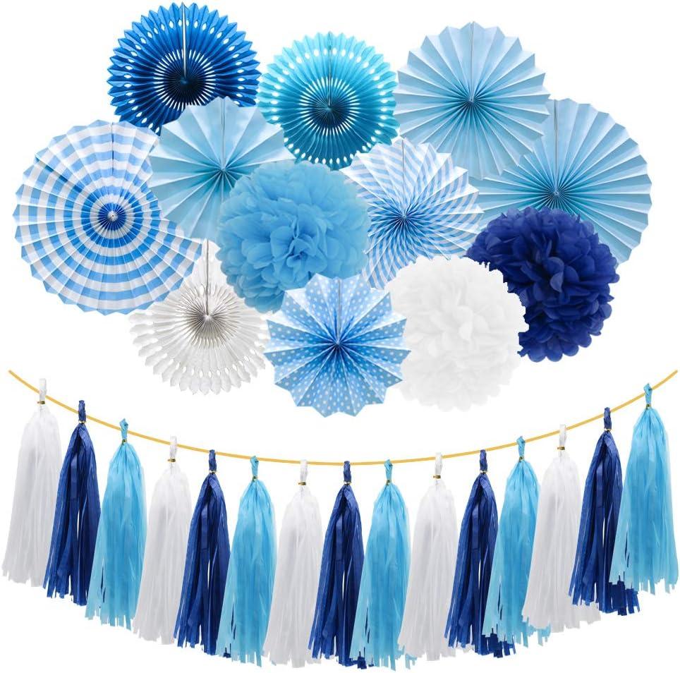 Blue Party Decorations Hanging Paper Fans Pom Poms Flowers Tissue Tassel Garland for Elephant Shark Theme Kids Birthday Baby Shower Graduation