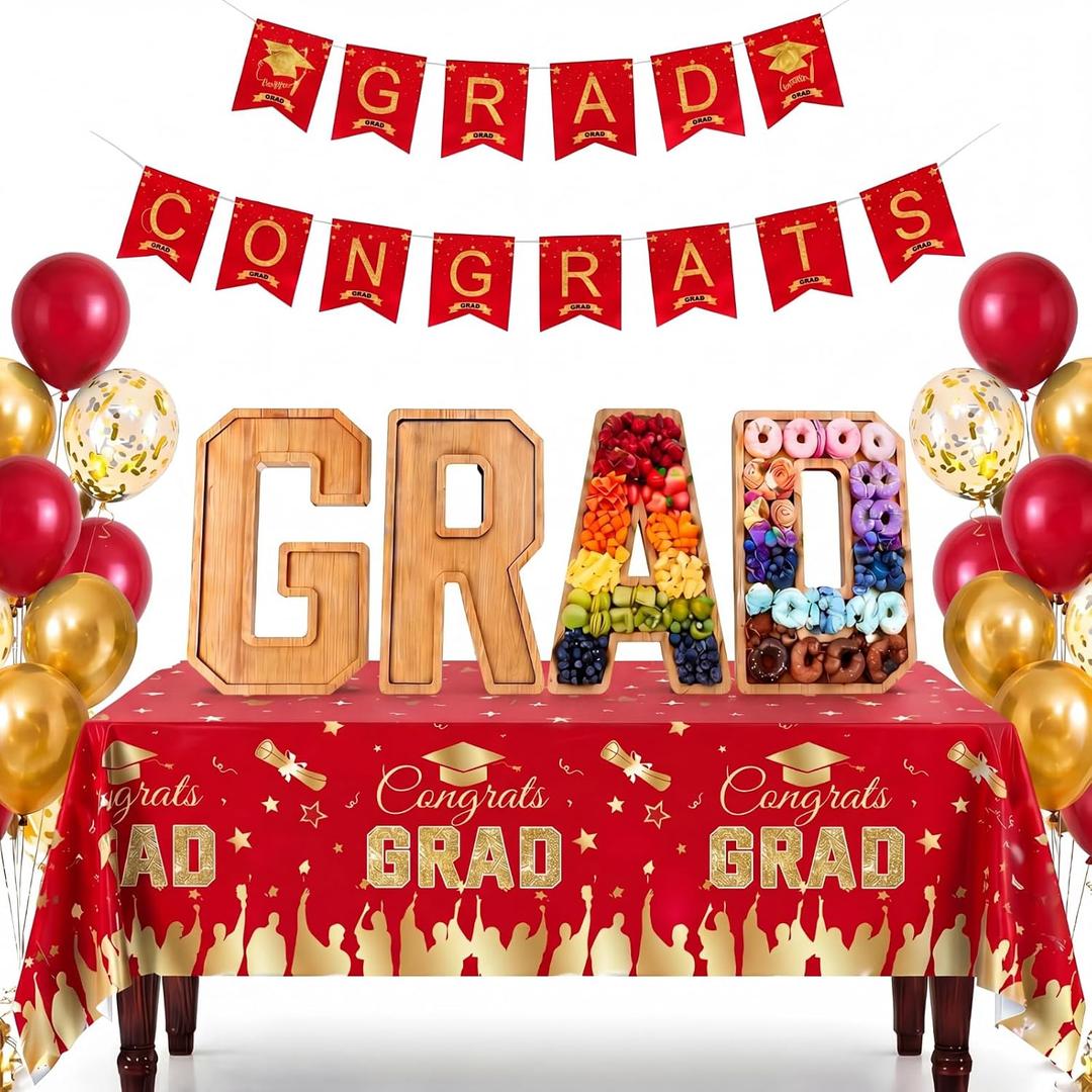 Mindsoft 30 Pcs Charcuterie Board Graduation Decorations Sets 2026 Grad Bamboo Fillable Box with Red and Gold Tablecloth, Congrats Banners, Balloons Graduation Party Supplies for High School College