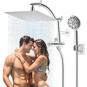 Hibbent All Metal Shower Head,10'' High Pressure Rain Shower Head/Handheld Showerhead Combo with 16'' Adjustable Arc-shaped Shower Extension Arm, 7-Spray, 71'' Hose Adhesive Showerhead Holder, Chrome