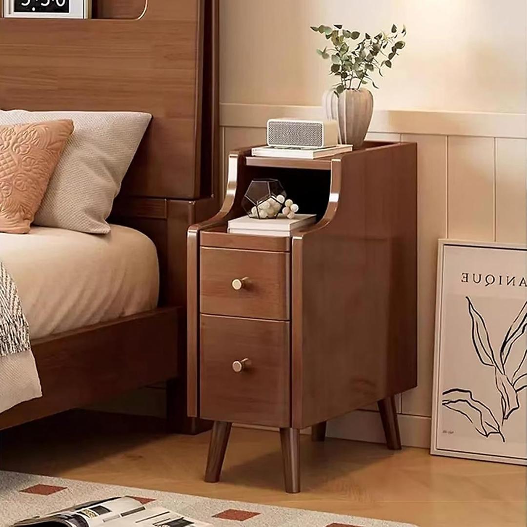 KINGBO 8" Solid Wood Narrow Nightstand with 2 Drawers for A Tiny & Narrow Room, Walnut