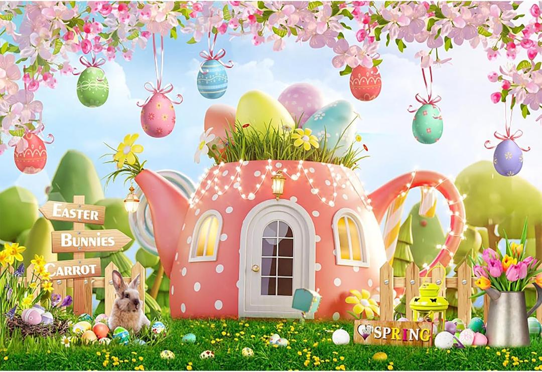 7x5ft Happy Easter Backdrops Eater Bunnies Carrot Colorful Eggs Flowers Tea Pot House Spring Easter Photography Backgrounds Boys and Girls Photo Studio Props Birthday Party Decorations