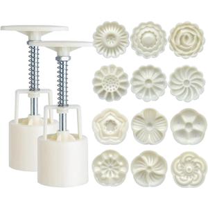 Moon Cake Mould Set,Includes12 pcs Sakura flower pattern base and 2 Pieces Bath Bombs Press,Mid Autumn Festival DIY Hand Press Cookie Stamps Pastry Tool Moon Cake Maker(50g) White L