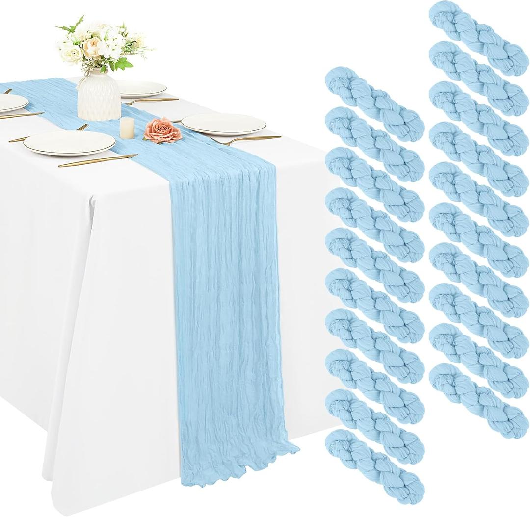 20 Pack Cheesecloth Table Runner 17 x 108 inch Long Boho Gauze Table Runners Semi Sheer Table Runner for Wedding Decor, Baby Shower, Birthday Party, Banquet (Light Blue)
