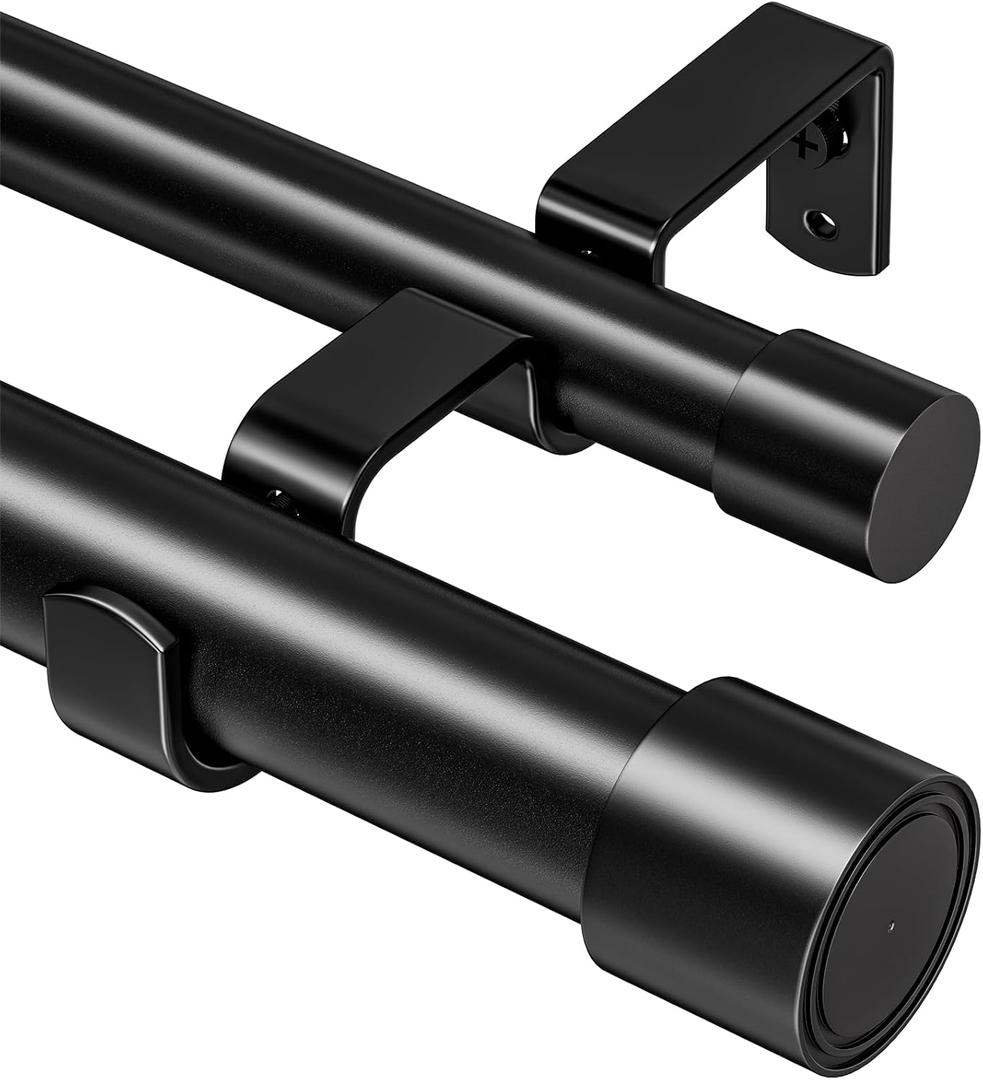 Abiglifty Double Curtain Rod 42 to 122 Inch, 1 Inch Telescoping Double Curtain Rods for Windows, Black Double Curtain Rod with Classic Cap Finial, Black