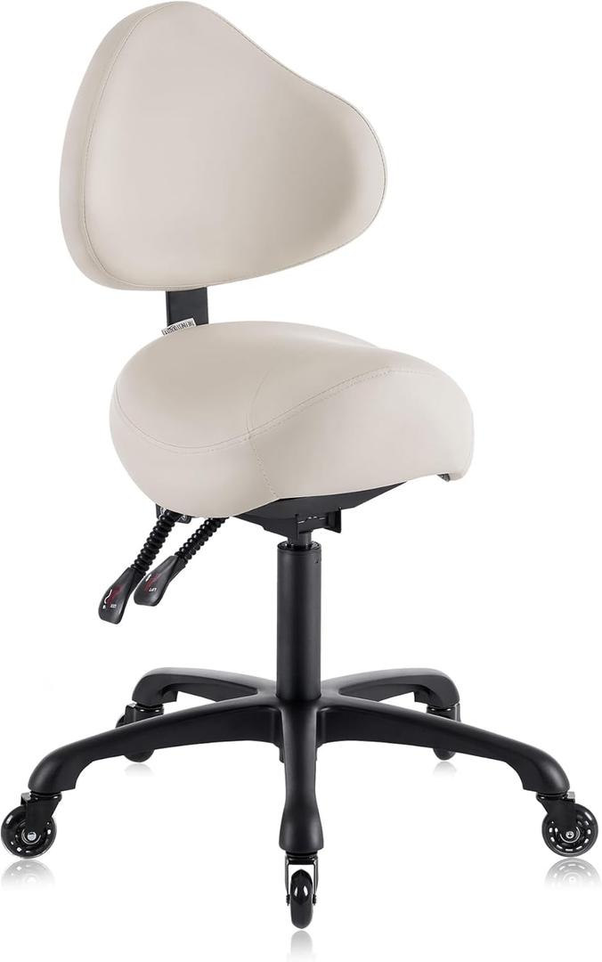 Pneumatic Swivel Rolling Saddle Chair with Wheels and Ergonomic Back Support for Hair Stylist, Dental Hygienist, Hygienic Clinic, Spa, Massage, Home, Office - 510 KOA (Vanilla)