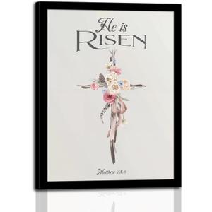 2 x dzbLuck He Is Risen Christian Wall Art, Floral Cross Print in Wood Frame, 8"L x 10"W