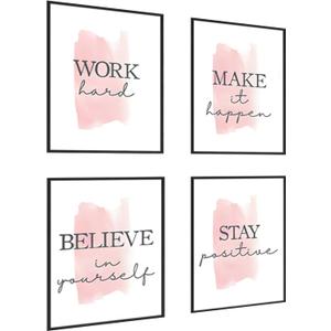 4 pcs Frame Wall Art Stay Positive Make It Happen Motivational Inspirational Quote Pink Canvas Painting Poster Pictures for Teenage Girl Bedroom Decor Office