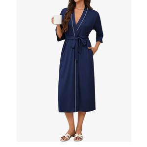 Ekouaer Robes for Women Long Knit Bathrobe Lightweight 3/4 Sleeves Kimono Robe Soft Sleepwear with Pockets Large Dark Blue