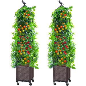 Sunnyglade 2 PCS Raised Garden Bed Planter Box with Trellis, 63" Tall Outdoor Tomato Planters for Climbing Vegetables Flowers Vine Plants, Tomato Cage with Wheels (2)