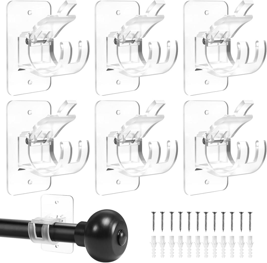 No-Drill Curtain-Rod Adhesive-Brackets Adjustable-Holder - 20 Pounds Nail Free Curtain Rod Hanger (Pack of 6 Transparent)