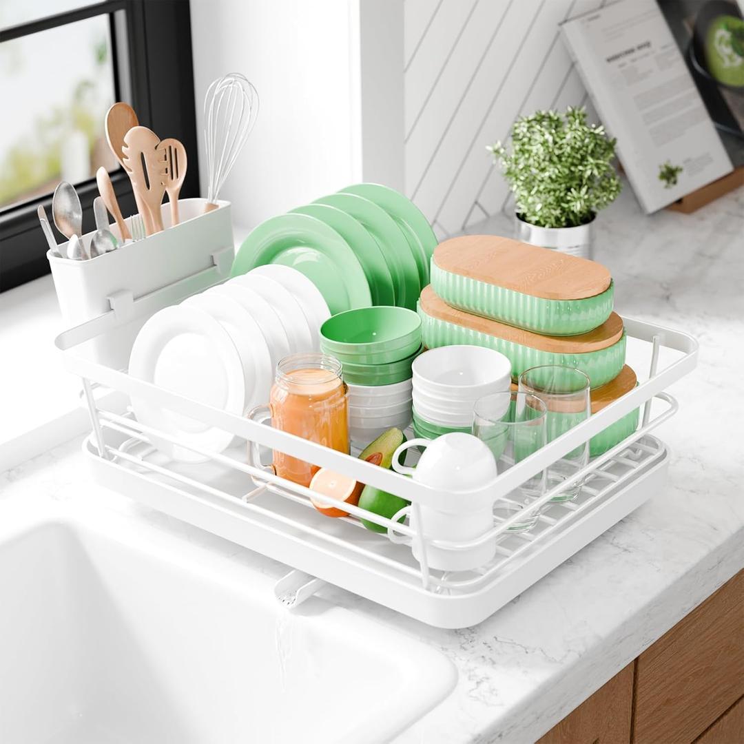 Kitsure Dish Drying Rack - Compact Dish Rack with Utensil Holder & Adjustable Water Outlet, Rust-Proof & Scratch-Resistant Drying Rack for Kitchen, 14.5" x 12.0" x 4.0", White