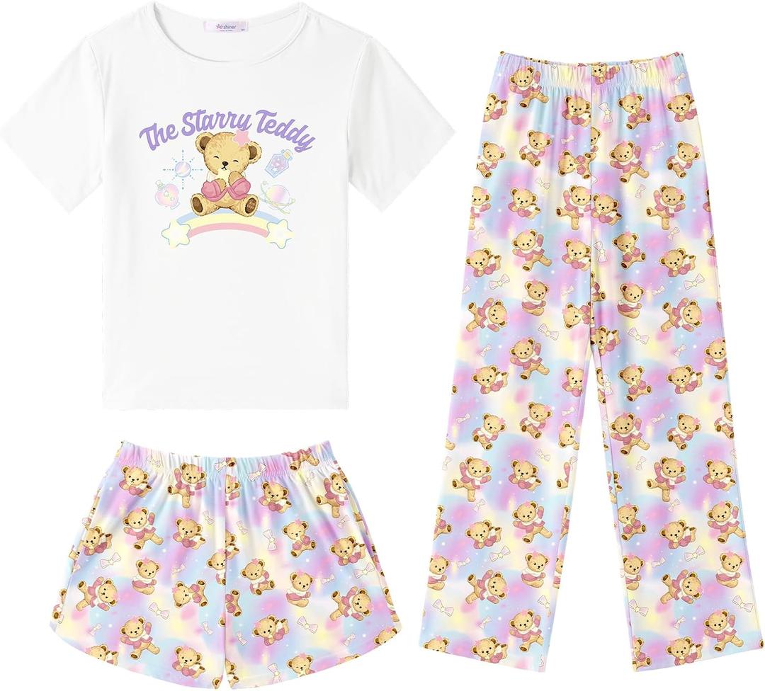 Arshiner Girls Pajama Set 3 Piece Short Sleeve Sleepwear Summer Soft Cute Pjs Outfits (9-10 Years, Rainbow Teddy)
