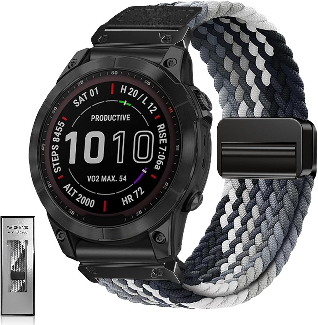 Yeahxing Quickfit 26mm Watch Band - Compatible with Garmin Fenix 8 51mm/ 7X/ 6X/ 5X, Magnetic Clasp Braided Stretchy Nylon Sport Strap for Men and Women