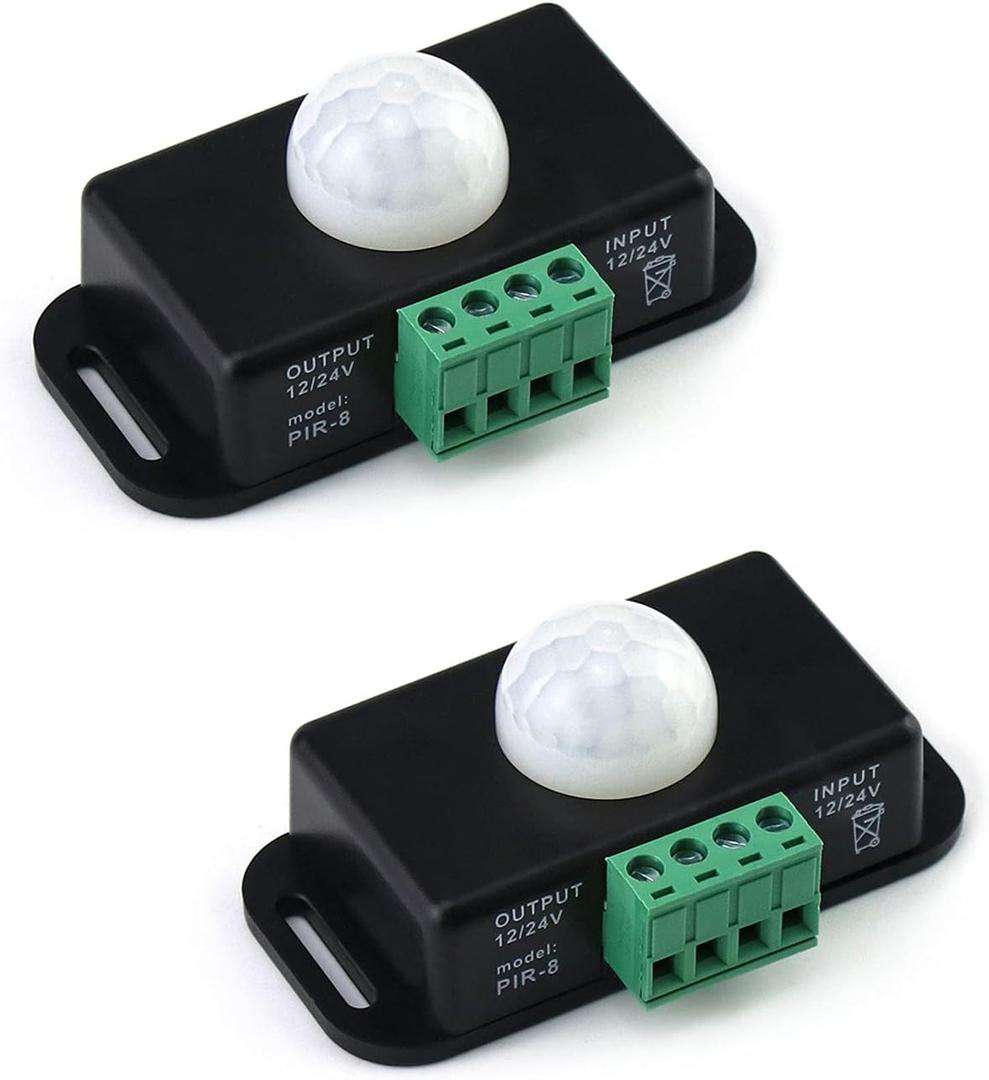 QWORK Motion Sensor LED Switch (2 Pack), 12-24V, 6A, Adjustable Delay Time, 5-8M Induction Distance, 60 Field of View, for LED Strip Lighting, Wall Mount, 3"
