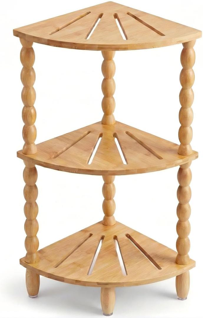 JEDULAR 3-Tier Bamboo Corner Shower Caddy Stand, Shower Shelves With Adjustable Feet,Space Saving Shower Organizer,Large Capacity Storage for Bathroom Kitchen or Living Room