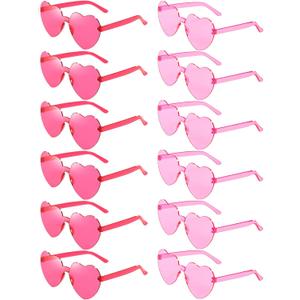 12 Pairs Heart Shaped Sunglasses Candy Color Rimless Fun Heart Glasses for Women Party Favors (Pink, Hot Pink)