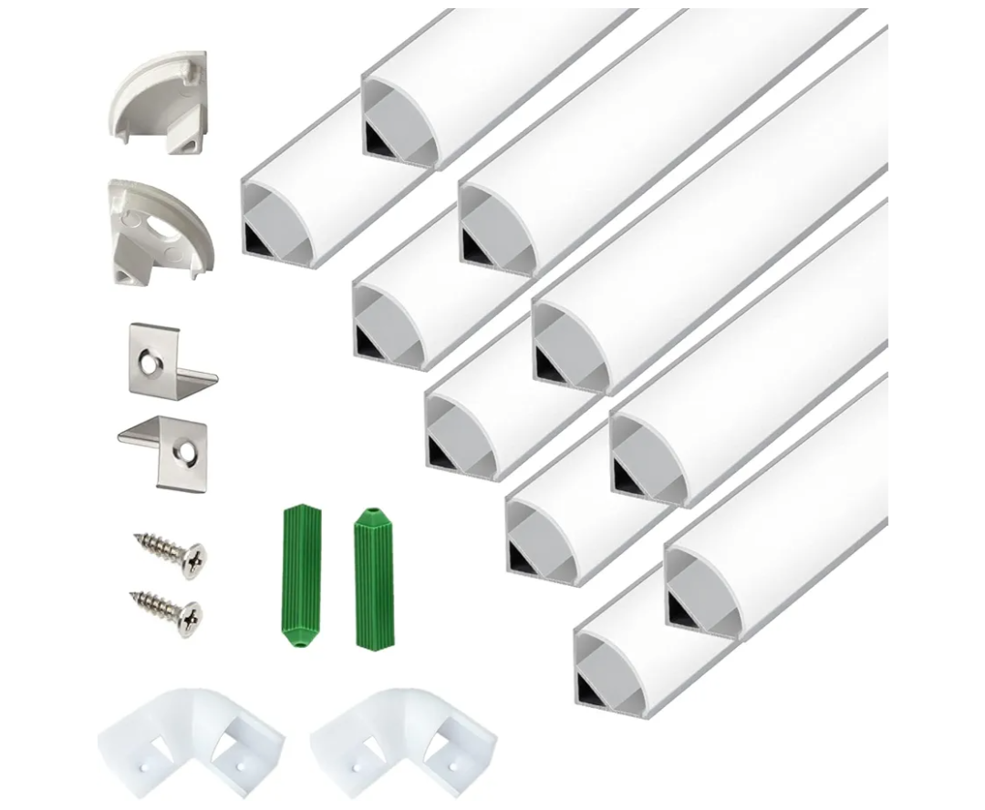 V Shape 6.6FT 200CM LED Strip Aluminum Channel Diffuser, 10-Pack 16x16MM Anodized Silver Track with Curved Milky Cover, Corner Connector and Mounting System