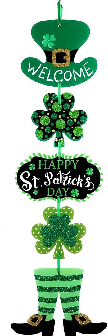 St. Patrick's Day Door Sign St. Patrick's Day Themed Hanging Welcome Sign Irish Hanging Door Decor with Shamrock Leprechaun High Hat and Feet Wall Sign Ornament for St. Patrick's Day Decoration