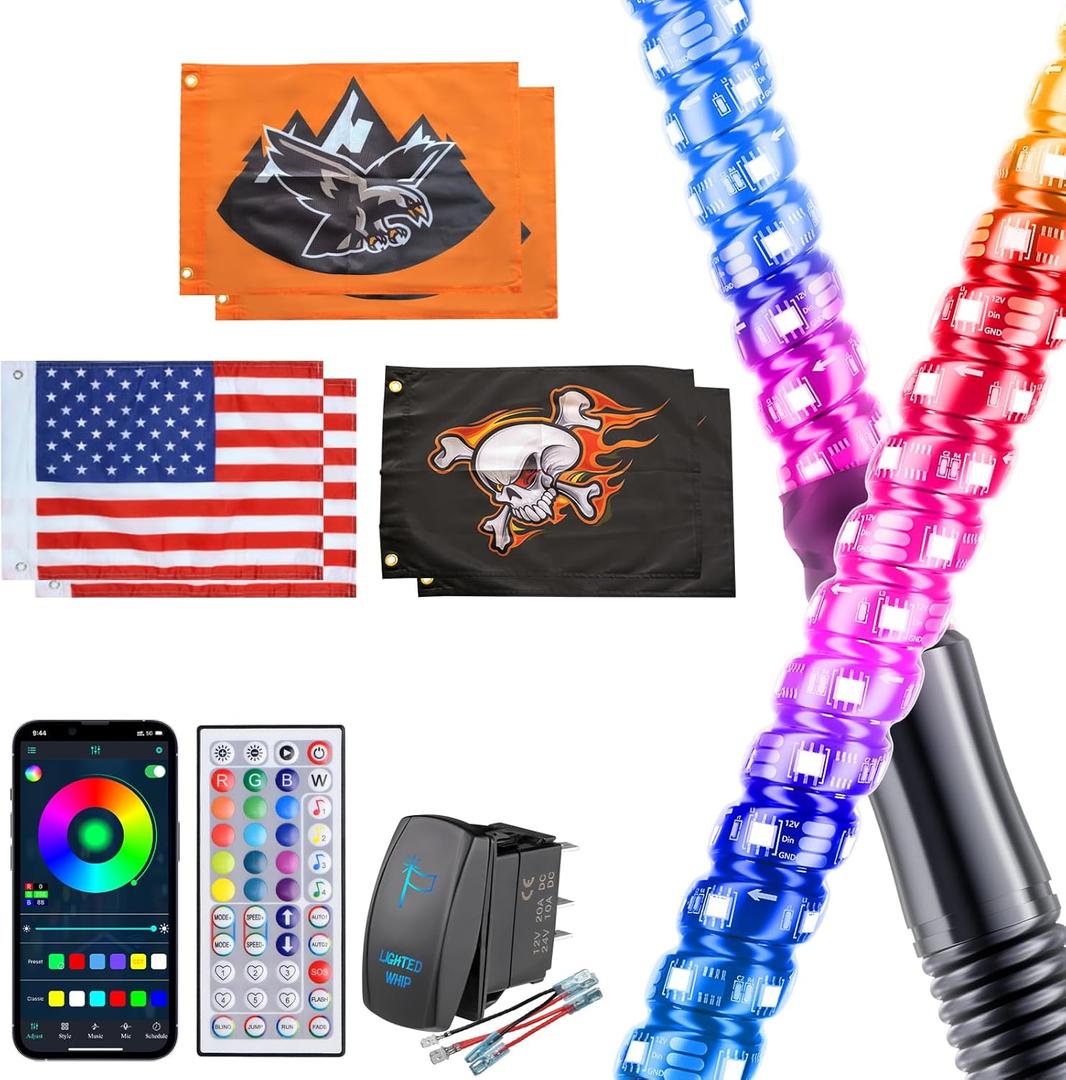 2 Pack 5FT Music Whip Lights - 366+ Chasing Modes RGB Lighted Whips with APP & Remote Control, Rocker Switch, Nylon Flags & Spring Base for UTV ATV Polaris RZR Can-Am SXS Truck