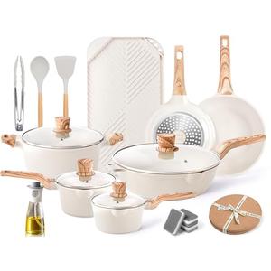 Caannasweis 20Pcs Cookware Sets, Nonstick Pots and Pans Set, Granite Induction Cookware, Non Stick Kitchen Cooking Set, Grayish White Grill Griddle Set, PFOS PFOA Free