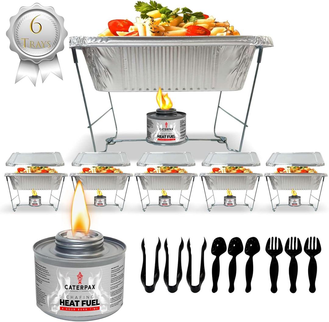6 x Disposable Chafing Dish Buffet Set – Catering Food Warmers (39pcs) with 6 Food Pans, Covers, Foldable Racks, Fuel Cans & 9 Utensils - Perfect for Buffets, Parties, Events & Food Serving