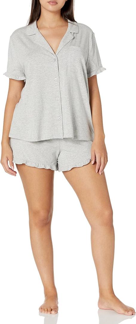 Amazon Essentials Women's Cotton Modal Piped Notch Collar Pajama Set, Comfortable Loungewear, Grey Heather Medium