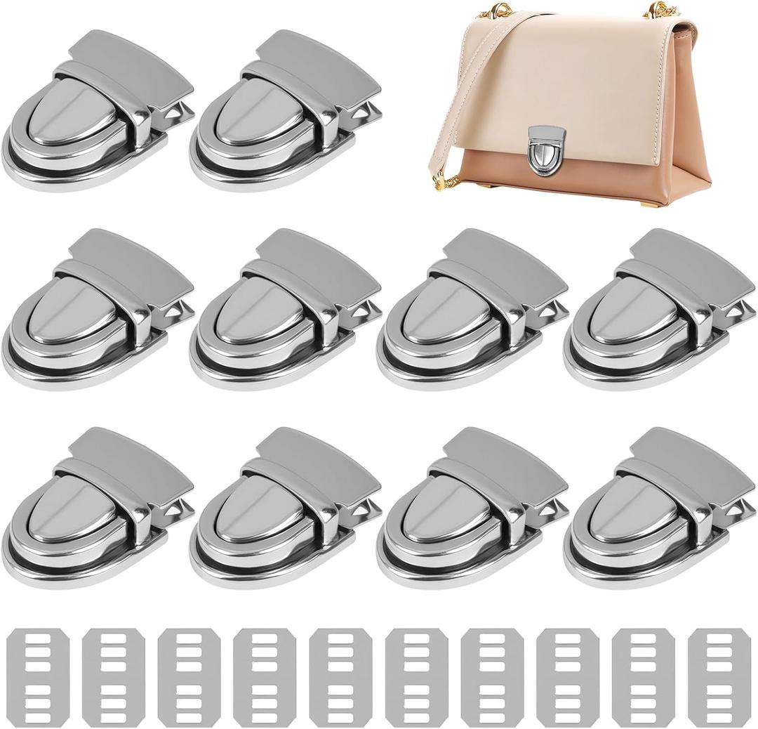 10 Sets Silver Tuck Lock Clasp Catch Kit, Durable Purse Thumb Lock, Replacement Tuck Clasp for Handbags, Satchels, DIY Leather Craft and Sewing Accessories