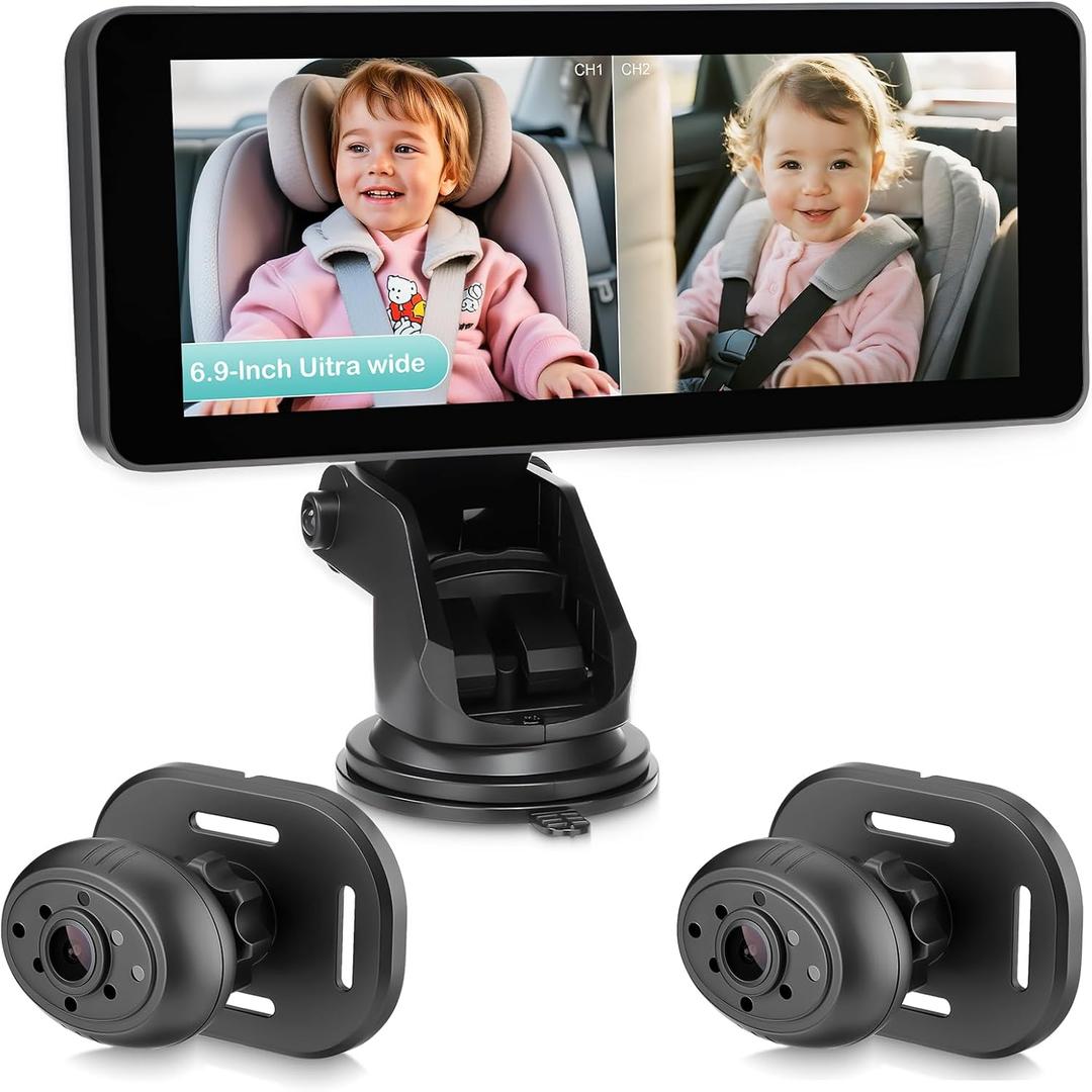 Baby Car Camera for 2 Kids,6.9" Large HD Display Dual Channel Baby Monitor, 1080P IR Night Vision Car Seat Camera,Easy Install Rear-Facing View  Ideal for Kids and Pet Safety