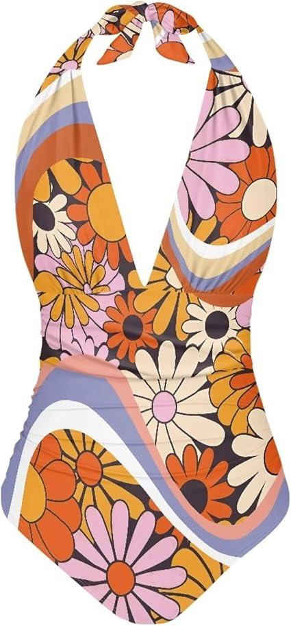 One Piece Bathing Suit for Women Custom Tummy Control Bathing Suits Trendy Summer Beach Wear, 70s Hippie Daisy Swirl,  Small One Piece Bathing Suit for Women Custom Tummy Control Bathing Suits Trendy Summer Beach Wear, 70s Hippie Daisy Swirl,  Small