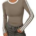 Trendy Queen Long Sleeve Workout Tops for Women Y2K Fitted Athletic Gym Shirt Trendy Color Block 2025 Fall Outfits Coffee L