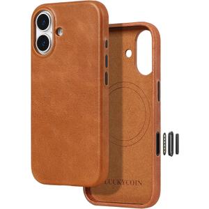LUCKYCOIN for iPhone 17 Full Genuine Leather Phone Case, Built-in Camera Control/Comprehensive Camera Protection/Compatible with MagSafe, Premium Leather Magnetic Phone Cover - Brown