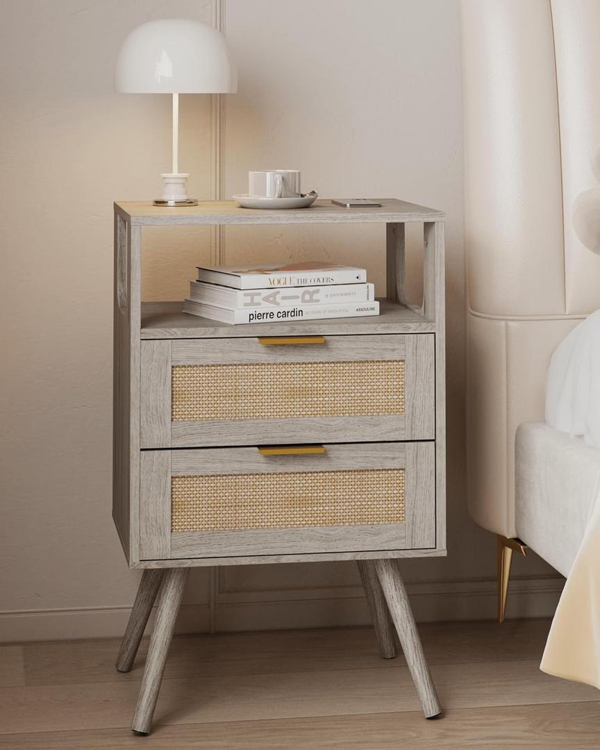 Rattan Nightstand,Farmhouse Bedside Table with 2 Storage Drawer and Open Wood Shelf, for Bedroom and Small Spaces,Night Stand with Solid Wood Legs (Grey Oak)