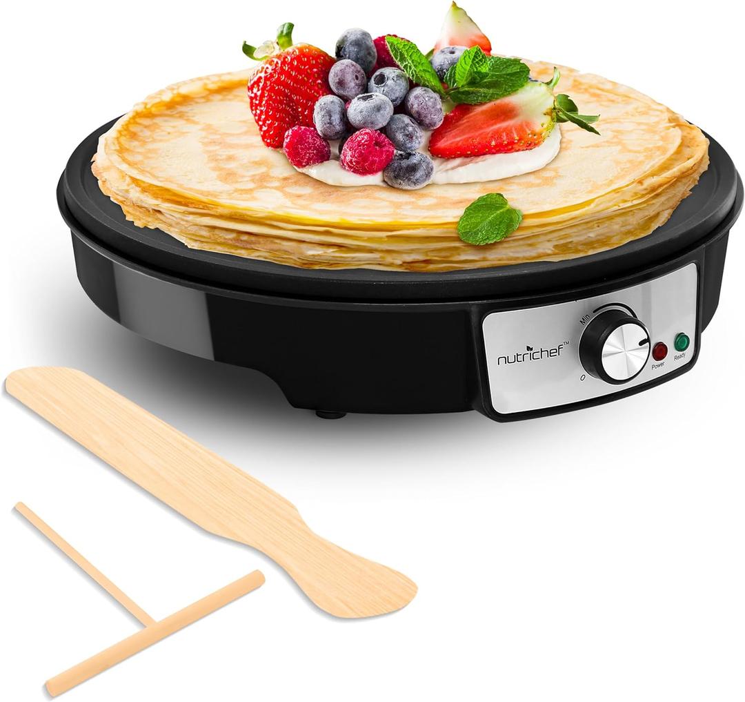 Nutrichef Electric Crepe Maker & Griddle Cooktop - Nonstick 12 Inch Aluminum Hot Plate with LED Indicator Lights & Adjustable Temperature Control - Wooden Spatula & Batter Spreader Included (Matte Black)