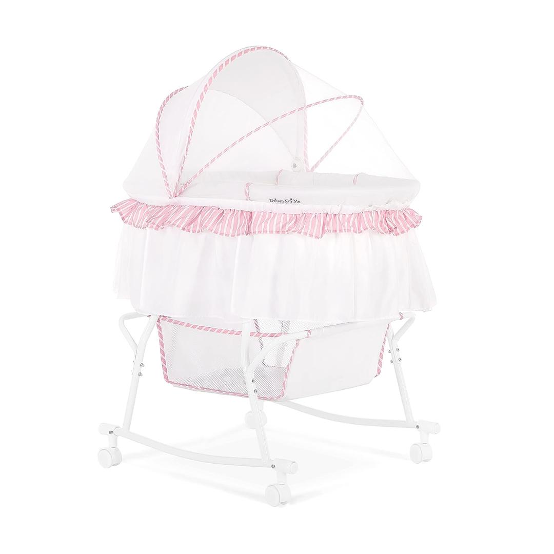 Dream On Me Lacy Portable 2-in-1 Bassinet & Cradle in Pink and White, Lightweight Baby Bassinet with Storage Basket, Adjustable and Removable Canopy