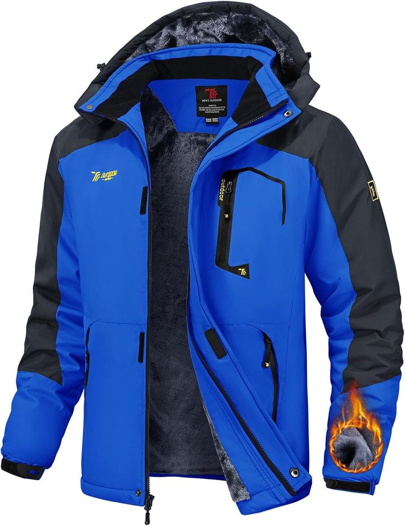TBMPOY Men's Winter Jackets Skiing Waterproof Snow Thick Fleece Lined Hooded Utility Cold Weather Warm Outdoor Ice Work (X-Large, Blue)