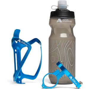 Bike Water Bottle Holder Combo - 20 Oz Squeeze Bottle & Bicycle Mount Cage Rack, No Screws Needed, Durable Alloy - Fits All Handlebar Bikes & MTB Mountain Road - for Adults, Kids (Blue)