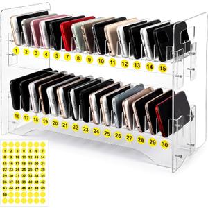 Gerrii 30 Slots Classroom Cell Phone Holder Acrylic Transparent 2-Tier | Cell Phone Storage Box with Numbered Stickers Desktop Mobile Organizer for Classroom Office Charging Station