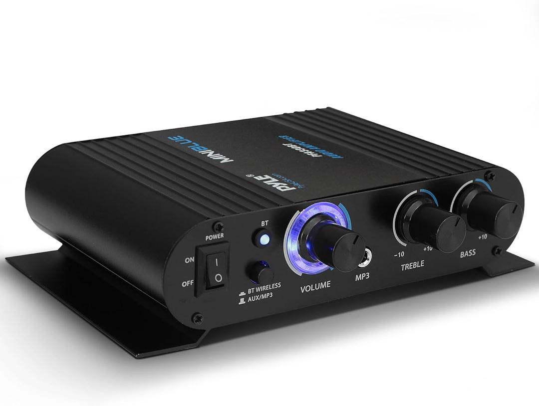 Pyle Wireless Bluetooth Home Audio Amplifier - 90W Dual Channel Mini Portable Power Stereo Sound Receiver w/ Speaker Selector, RCA, AUX, LED, 12V Adapter - For Smartphone PA, Studio Use - PFA330BT