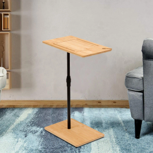 DAVIDOK C-Shaped Sofa End Table, Adjustable Height Couch Side Table with Device Slot, Wood Color with Black Metal Stand, Couch Table for Living Room, Bedroom