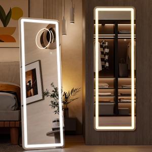 Sweetcrispy Full Length Mirror with LED Lights, 60"x16" Lighted Floor Mirror with Dimming & 3 Color Lighting, Stand for Bedroom, Dressing Room, Rectangle (60"L x 16"W)