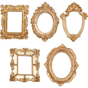 UOIENRT 5PCS Vintage Resin Picture Frame, Small Vintage Picture Frames, Oval Rectangle Wall Hanging Antique Photo for Jewelry Display Holiday Party Christmas Hotel Decor (Gold) (Bronze)