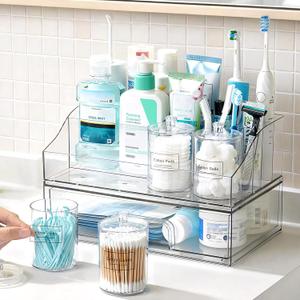 Vtopmart 6 PCS Bathroom Countertop Organizer, 1 Divided Tray with 4 Qtip Holder Jars and 1 Drawers, Restroom Clear Organizers for Toothbrush, Cotton Pads, Vanity Accessories Storage Set