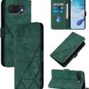 for Google Pixel 10A Leather Case, Geometric Patterns Wallet Case with 3 Card Slots, Magnetic Closure Kickstand Flip Phone Case Shockproof Cover, Dark Green